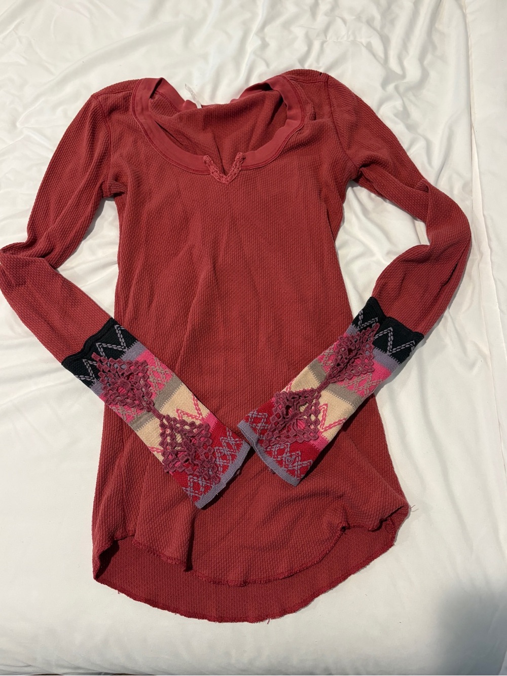 Free People Long-Sleeve Thermal Top with Embroidered Cuff - Red